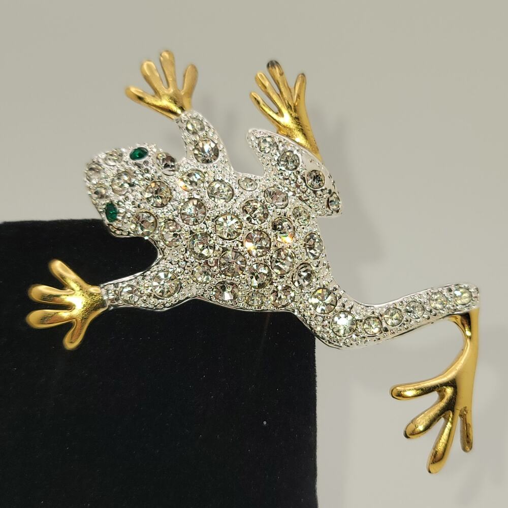 Vintage Frog Brooch with Pave Set Rhinestone Body Gold Tone Feet